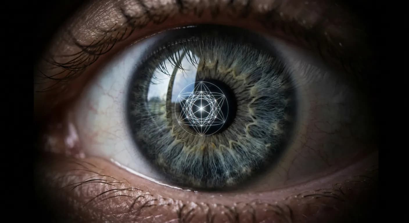 Méthode Quertant danger : risques et limites de la pratique Gros plan sur un iris et un reflet de pattern lumineux pour la méthode Quertant.