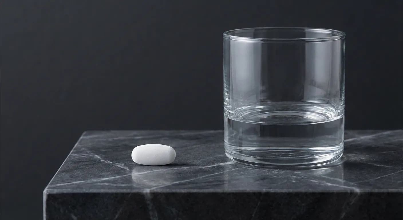Optimizette avis : efficacité, effets secondaires et prix Gros plan minimaliste d'un comprimé et d'un verre d'eau