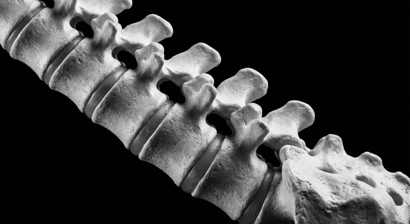 IRM lombaire anormal : comprendre les résultats et suites Détail iconique des vertèbres lombaires sur fond noir.