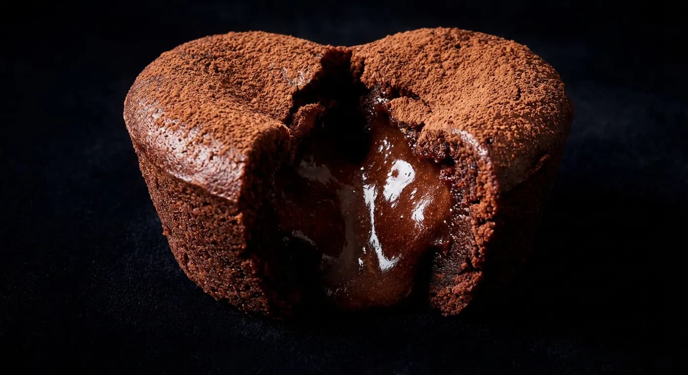 Fondant au chocolat grossesse : précautions et recettes Gros plan minimaliste sur le cœur coulant d'un gâteau au chocolat.