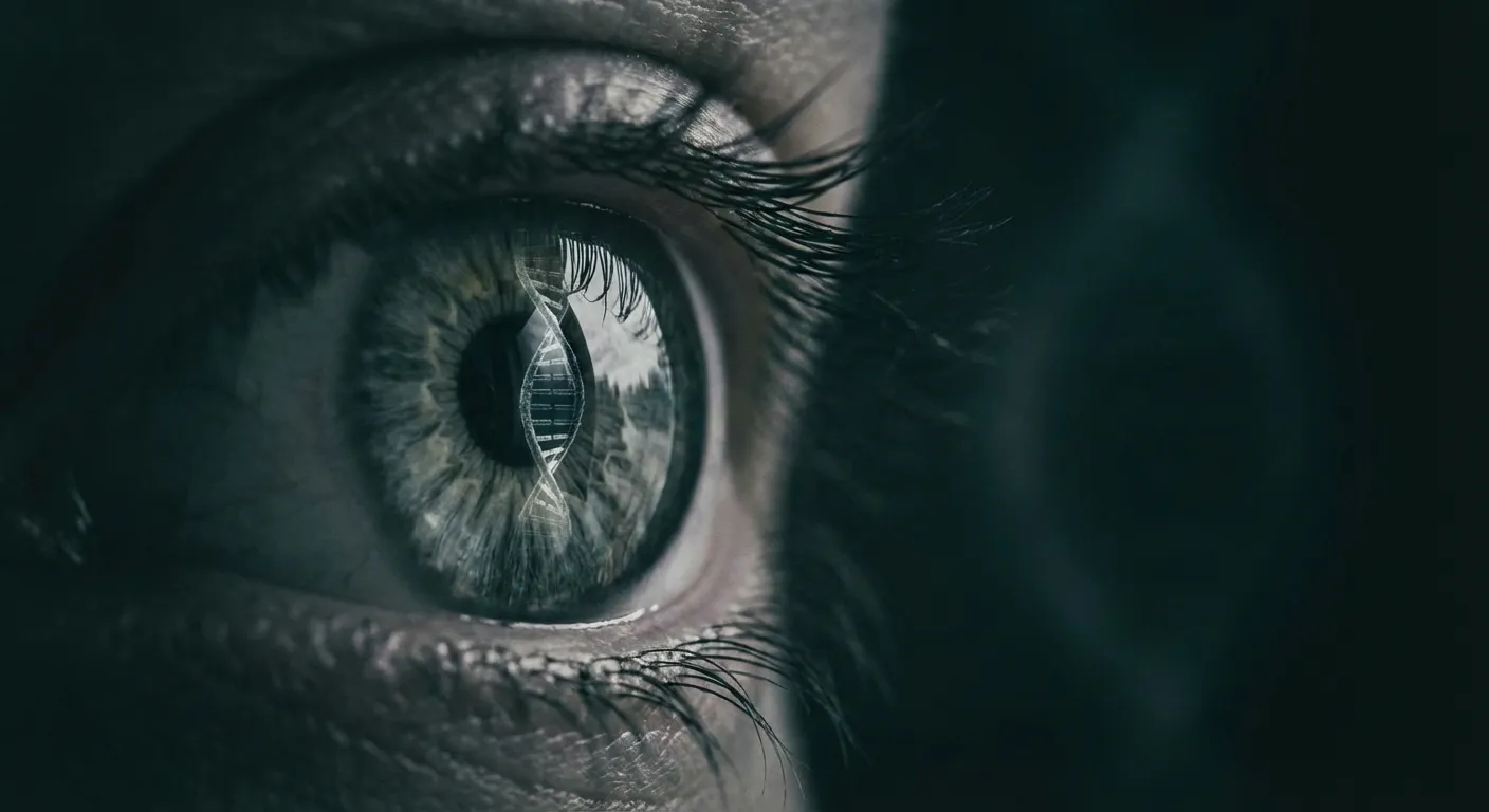 CANVAS Syndrome : Symptômes, Cause (RFC1) et Traitement Gros plan d'un œil reflétant une hélice d'ADN, illustrant l'origine génétique du syndrome CANVAS.