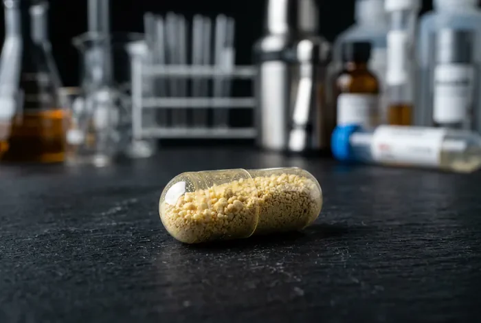 Bionutrics dangers et effets secondaires des compléments Gros plan macro d'une gélule de complément alimentaire
