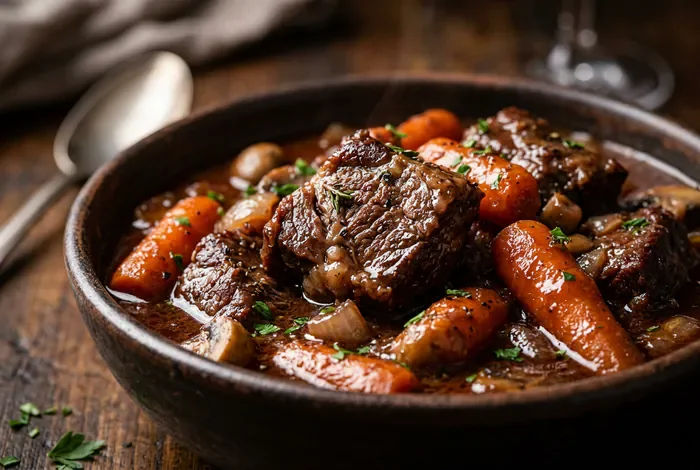 Consommer du bœuf bourguignon pendant l'allaitement Gros plan sur les morceaux de bœuf et les carottes d'un bœuf bourguignon