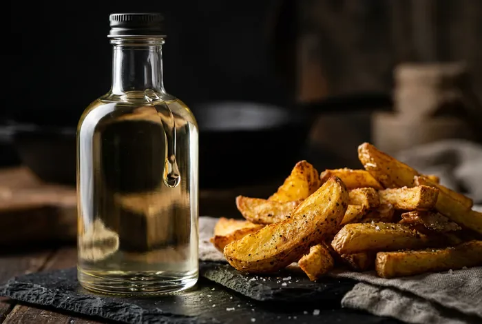 Peut-on réutiliser l'huile fondue bourguignonne en toute sécurité Gros plan minimaliste sur une bouteille d'huile de cuisson et des aliments dorés