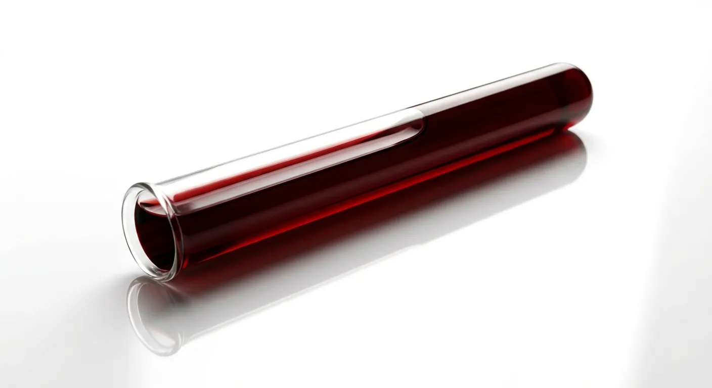 VPM Élevé à 13 fL : Causes, Dangers et Interprétation Gros plan sur un tube d'analyse sanguine de haute précision sur fond blanc minimaliste.